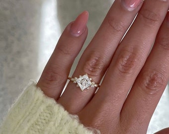 2 CT Princess lab grown diamond engagement ring, 14k yellow gold with accent side stone wedding ring, Sophia princess diamond Ring for her