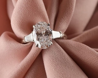 2CT Oval with TPZ baguettes lab grown diamond Ring, 14k Gold three stone wedding Ring, Vintage Engagement Three Stone Lab Grown Ring