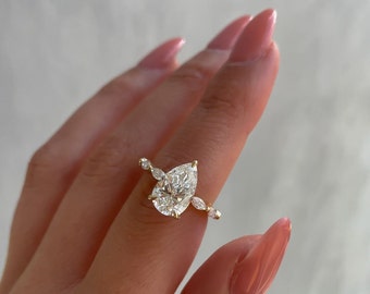 Pear shape Half eternity lab grown diamond Ring, 14k white / yellow pear with accent stone marquise diamond Wedding ring for her, gift