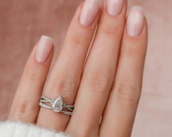 2 CT Pear cut cross shank LG wedding Ring, 14k white pear shape anniversary with band, wedding pear shape ring set for her, gift for her