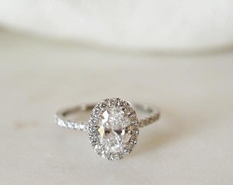 1.5 CT Oval halo wedding ring, 14k white gold oval cut halo with eternity band engagement ring, Wedding oval shape halo lab diamond ring