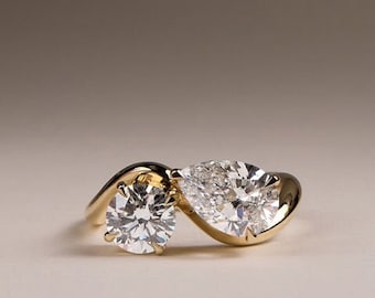 Noor Pear and Round Stone Twist Toi et Moi engagement ring, Two Stone Wedding Solitaire Ring, 14k gold two stone lab diamond promise ring