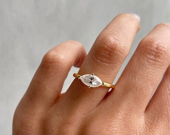 2 CT East West Marquise Wedding Ring, 14k Yellow Gold marquise cut engagement Ring, Solitaire Marquise cut wedding Ring for her