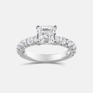 Asscher Cut With Round Solitaire Wedding Ring, 14k White Gold Asscher Shape Solitaire Engagement Ring, Anniversary Asscher Solitaire Ring,