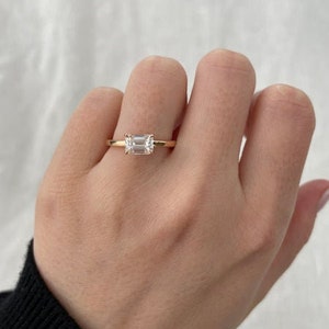 2 CT  East West emerald Cut wedding Lab Diamond Ring, 14k Yellow gold Emerald Solitaire Engagement Ring, East West Emerald Cut Ring for her