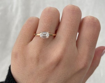 2 CT  East West emerald Cut wedding Lab Diamond Ring, 14k Yellow gold Emerald Solitaire Engagement Ring, East West Emerald Cut Ring for her