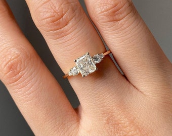 1.0 CT Princess cut w round side stone wedding ring, 14k white gold princess shape anniversary ring, Princess w/ Round Solitaire Ring