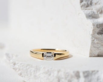 2 CT Emerald East West Bezel Set Wedding Solitaire Diamond Ring, 14k Yellow Gold Emerald cut Bezel solitaire ring, bezel lab grown ring