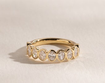 Betty Bezel Set Oval Wedding Ring, 18k white/ yellow half bezel set eternity oval engagement ring, Betty oval anniversary lab eternity ring
