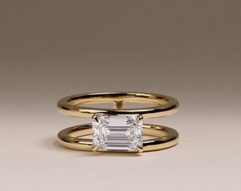 Devon Emerald Solitaire with Double Band wedding Ring, 14k Emerald Solitaire Vintage Engagement Band, Double Band Solitaire Diamond Ring