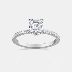 Asscher Cut Hidden Halo Solitaire Wedding Ring, 14k White Gold Asscher cut Hidden Halo Diamond Anniversary Ring, Valentine Day Special Ring