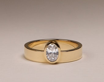 2 CT Carmen Oval Bezel with cigar wedding band, 14k yellow gold oval bezel engagement ring, Oval bezel carmen anniversary ring for her