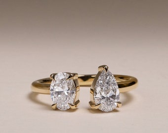 Nadia Pear and Oval Open Band Toi et Moi wedding diamond ring, Oval & Pear Open anniversary Band, 14k Yellow Gold toi et moi engagement ring