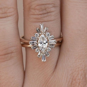 2 Ct Marquise Cut With accent Baguette Diamond Wedding ring, 14k White Marquise Shape With cluster Diamond Ring, Cluster Marquise ring