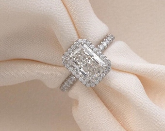 2 CT Radiant halo half eternity anniversary ring, 18k white gold radiant cut martin wedding ring, 950 platinum Radiant halo ring for her