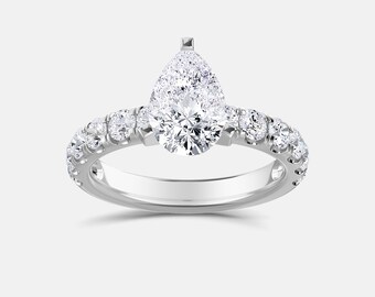 Pear Cut With Round Solitaire Wedding Ring, 14k White Gold Pear Shape Solitaire Engagement Ring, Anniversary Pear Solitaire Ring, Gift