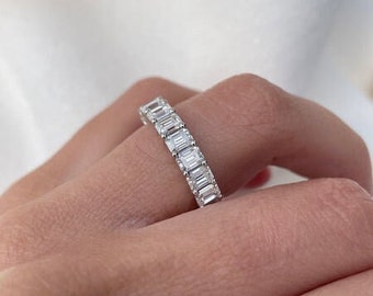 London Emerald Basket Set Eternity wedding ring, 14k white/yellow gold emerald cut half eternity engagement ring, emerald cut London ring