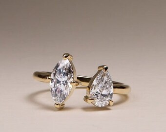 Salma Pear and Marquise Open Band Toi et Moi Wedding ring, Two Stone Engagement lab grown diamond ring, Salma Two stone wedding promise ring