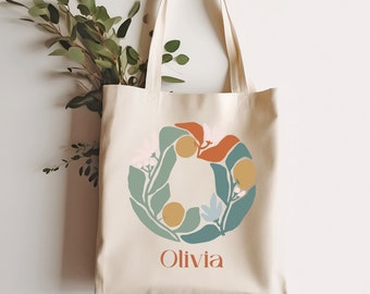 Personalized Name Tote, Floral Tote Bag, Custom Shoulder Bag, Reusable Grocery Bag, Initial Tote Bag, Custom Tote Bag, Personalized Tote