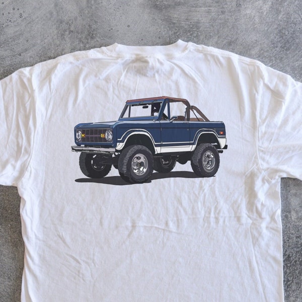 Blue Ford Bronco Soft Top 4x4 Comfort Color Loose Fit Unisex Garment-dyed Short Sleeve T-Shirt, Vintage Off Road Truck Comfortable T-shirts