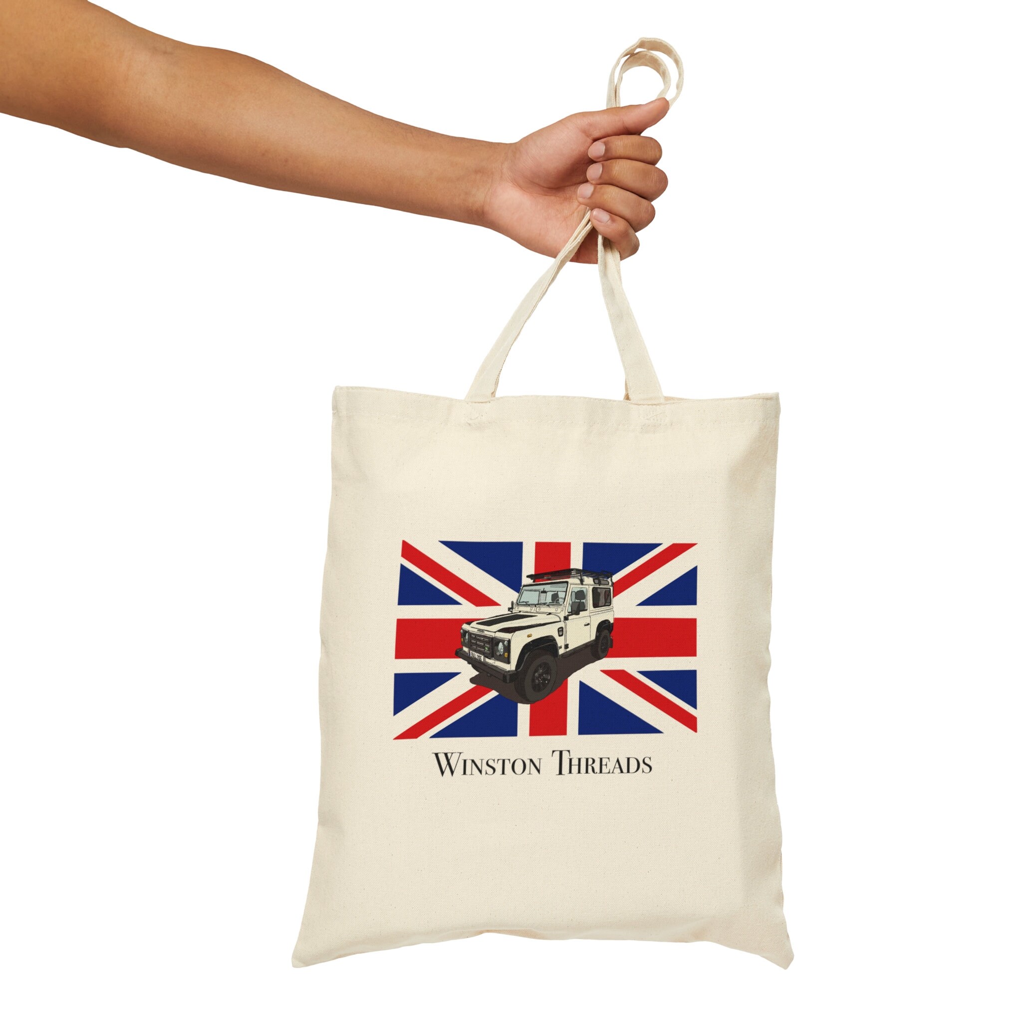 Union Jack White LR Defender Cotton Canvas Tote Bag Classic Land Rover United Kingdom Hand Drawn Graphic Reusable Totes Bags British Sack