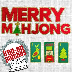 May include: Red and gold glitter "MERRY MAHJONG" iron-on patch with a Christmas tree. Includes three green patches with card illustrations: a bird, a nutcracker, and a Christmas tree. A white circle with the words "Iron-on patches" and an iron illustration.