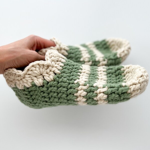Crochet socks, handmade slipper socks, cozy warm slipper socks, thick house socks, women’s chunky socks - green + cream