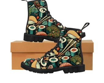 Colorful Sushi Pattern Women's Canvas Boots, Unique Foodie Fashion Footwear, Stylish and Comfortable