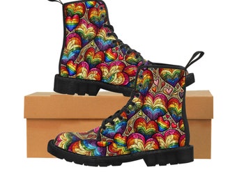 Colorful Heart Pattern Women's Canvas Boots, Vibrant Multicolor Footwear for Every Season