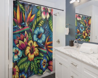 Tropical Floral Shower Curtain, Vibrant Hibiscus and Bird of Paradise Design, Waterproof Fabric Bathroom Decor