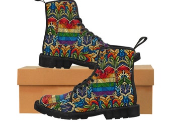 Colorful Art Deco Women's Canvas Boots, Vintage Inspired Vibrant Footwear, Unique Fashionable Ankle Boots