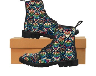 Colorful Heart Pattern Women's Canvas Boots, Unique Bohemian Style Footwear, Stylish and Comfortable, Perfect Gift Idea