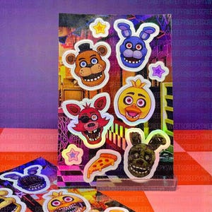 Cartelas de adesivos holográficos de FNAF! -9 ADESIVOS- Freddy, Bonnie, Chica, Foxy, SpringTrap (Five Nights at Freddy's)