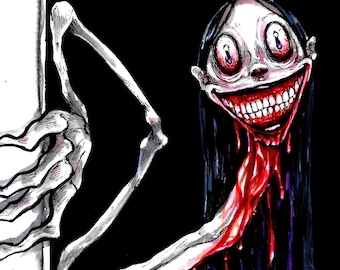 May include: A creepy illustration of a skeletal figure emerging from a black void. The figure has a wide, unsettling grin with blood dripping down, long black hair, and red eyes. The artwork is framed by a white border.