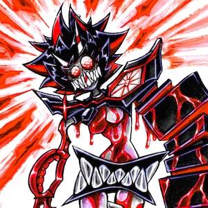 May include: A vibrant illustration of a stylized figure with a menacing expression. The figure is predominantly red and black, with sharp, angular features and a weapon resembling a large scissor. The artwork has a dynamic, energetic feel.