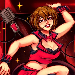 May include: Digital illustration of a woman in a red outfit, kneeling in a red-lit space. The image includes a microphone, cocktails, and a bottle of wine. The woman has brown hair and is smiling. The background features yellow stars and hanging lights.