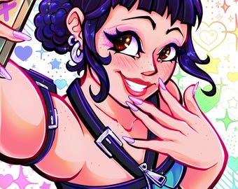 Pode incluir: Ilustração digital de uma pessoa sorrindo com cabelo escuro e maquiagem, tirando uma selfie. A pessoa está usando um top azul com alças pretas e unhas longas rosa claro. O fundo apresenta corações e estrelas.