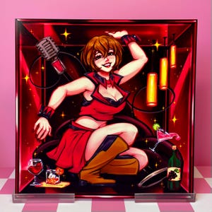 May include: A framed illustration of a woman in a red outfit, posed in a cabaret setting. The artwork features a microphone, cocktails, and a bottle of wine. The background is a deep red with yellow accents.