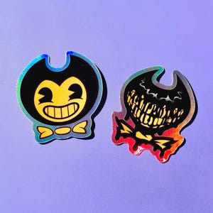 Mini 2&quot; Holographic BATIM Vinyl Sticker Pack! -2 STICKERS- Cute Bendy/Demon Bendy - Bendy and the Ink Machine