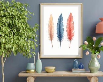 Minimalist Feather Trio Wall Art: Spiritual Digital Print for Modern Home Decor | Instant Download