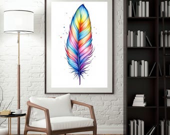 Kolorowa akwarelowa sztuka ścienna z piórami – tęczowy wydruk cyfrowy | Boho Modern Home Decor, drukowana sztuka ścienna, natychmiastowe pobranie