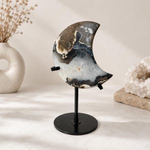 Natural Volcano Agate Moon with Metal Stand | Large Crystal Carving | Healing Crystal
