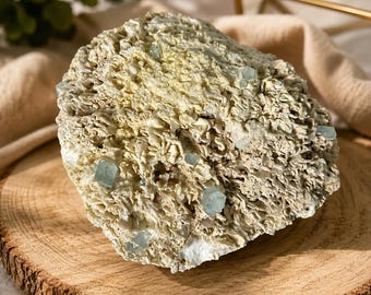 Natuurlijk aquamarijnkristal op Cleavelandiet-matrix | Afghaans mineraalmonster | Ruw blauw berilkristal