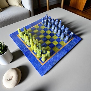 Handmade Lapis Lazuli & Jade Chess Set – Luxury Stone Chessboard Gift, Unique Artisan Game Set