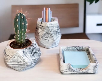 Desk Accessories Set of 3, Planter, Pen Holder, Sticky Note Holder, Concrete Desk Organizer Set, Gift For Coworker New Job Promotion Gift