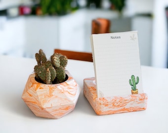 Concrete Planter and Phone Stand, Set of 2, Office Accessories, Coworker Gift for New Job, Cactus Succulent Plant Pot, Business Card Holder