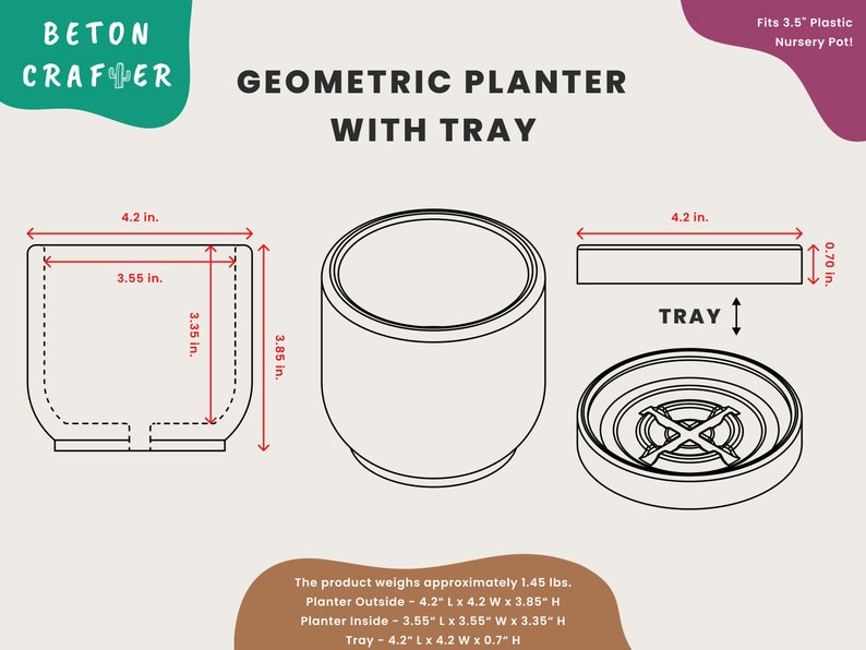 a size chart of a planter with a tray