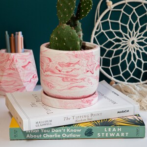 a pink concrete planter on top of books and a pink concrete pen holder