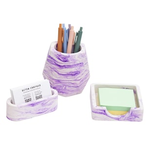 Desk Set of 3 - Pen Holder, Sticky Note Holder, Business Card Holder, Concrete Office Desk Organizer Modern Pen Cup, Coworker New Job Gift