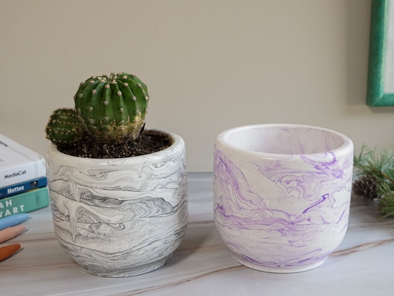 a black concrete planter with cactus and a purple planter